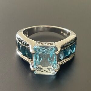 Sterling Silver Glacier Blue Topaz, London Blue Topaz, Blue Diamond Ring Sz 11.7